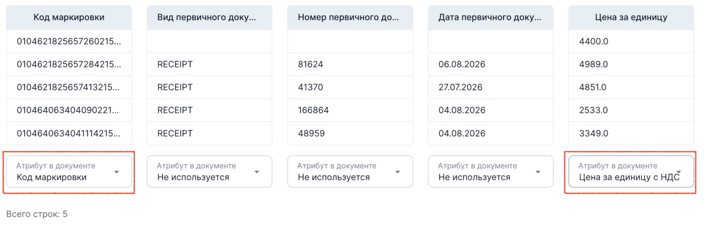 Сопоставление столбцов: Код маркировки и Цена за единицу с НДС